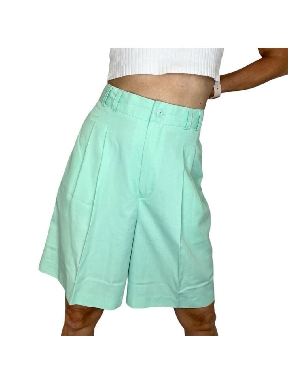Vintage mint green high rise tailored pleated knee length shorts 13